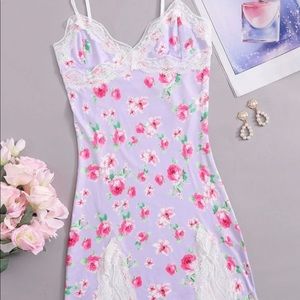 Lilac purple Lace Trim Floral Print Dress